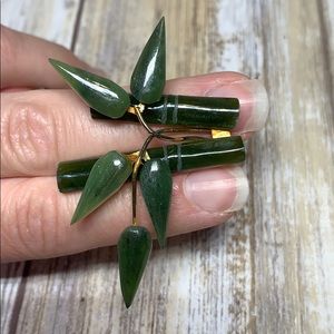 Vintage Green Jade Bamboo Pin Brooch Gold Tone